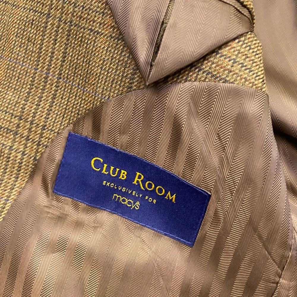 Club Room Mens 42R Wool Blazer Olive Glen Plaid Elbow Patches CF83B37503 NEW